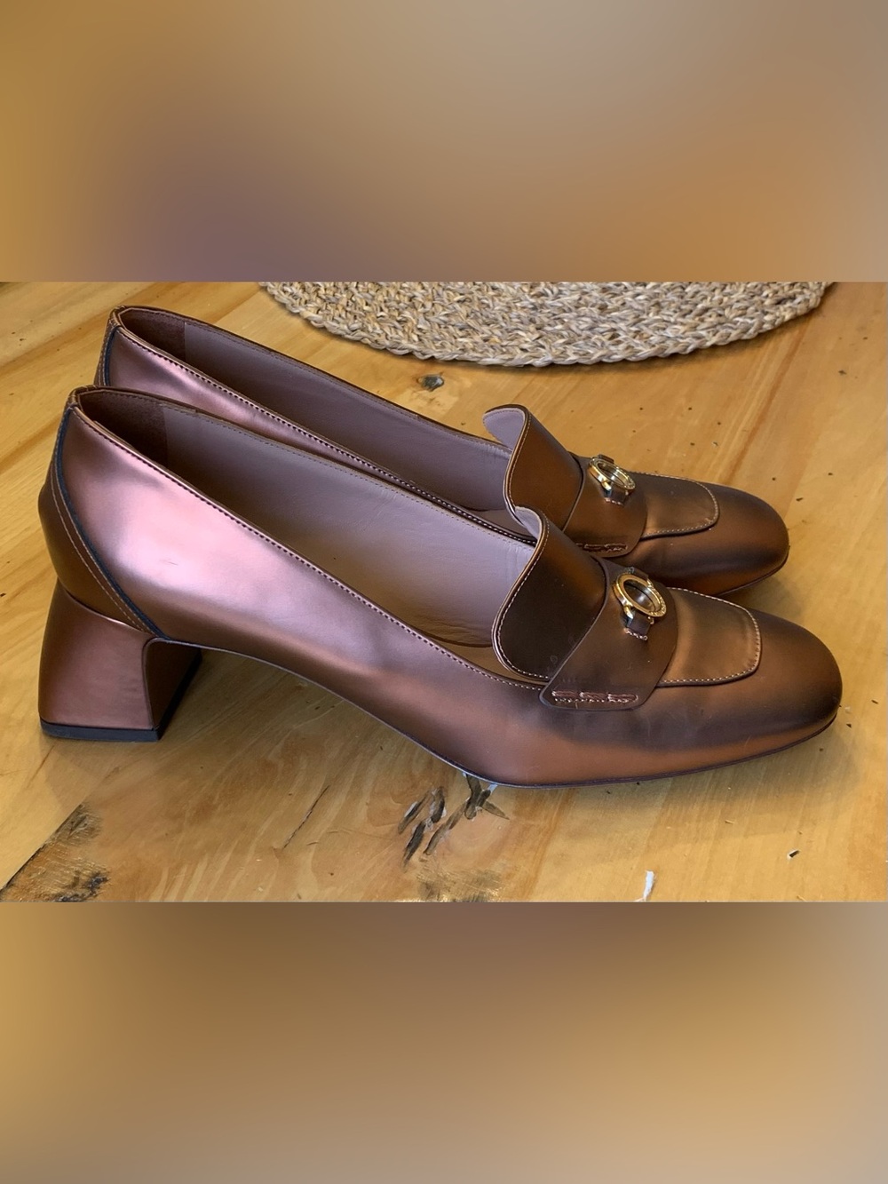 Women’s Shimmery Bronze Slip-On Loafers with Decorative Buckle